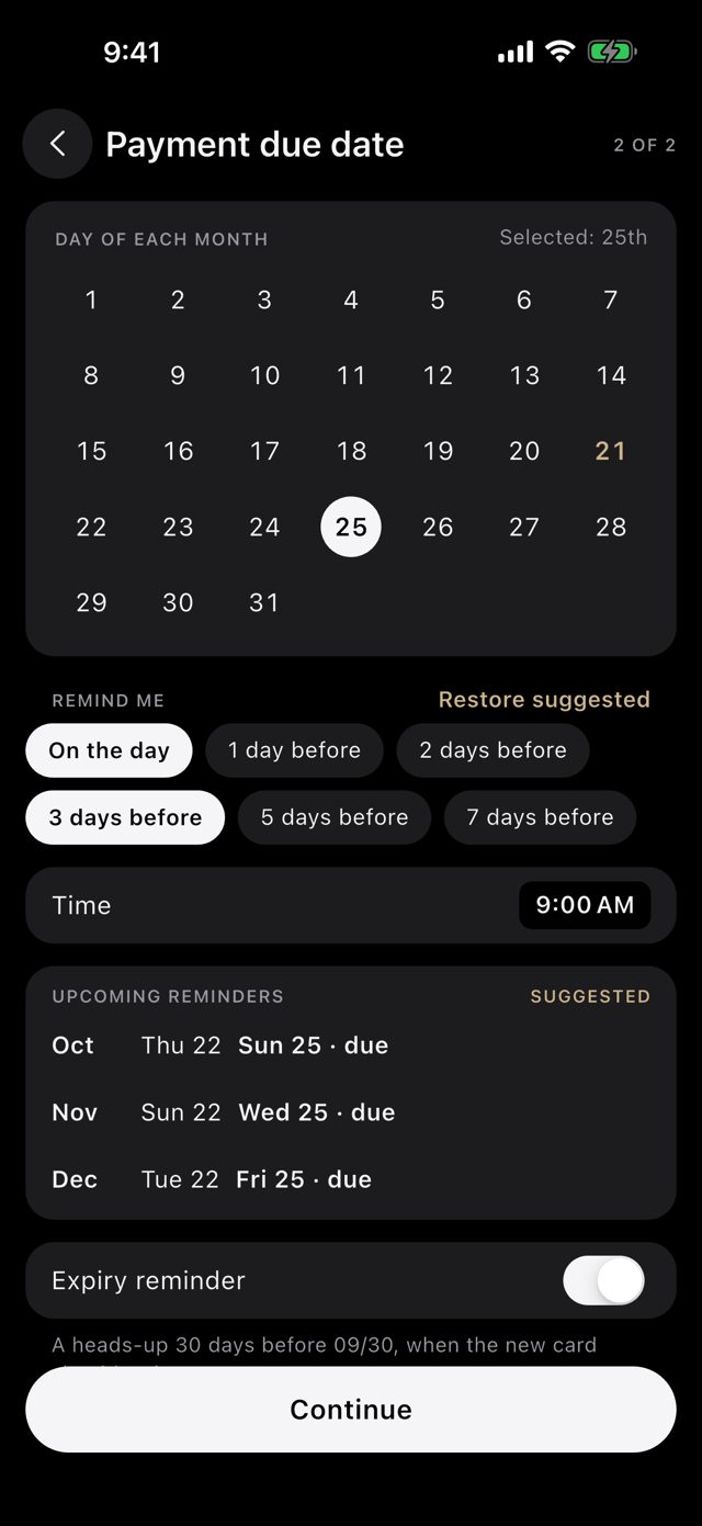 Choosing a due date and reminder days in Cardly